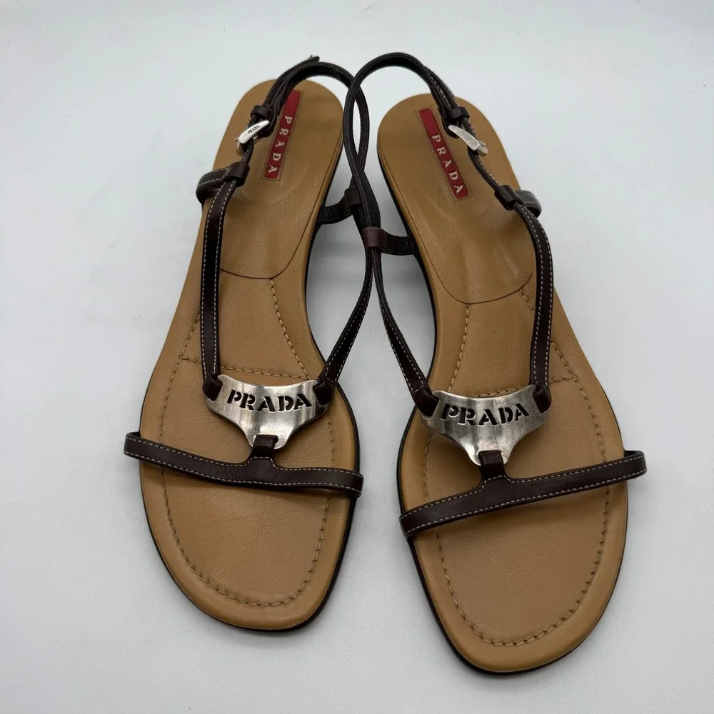 Prada Vintage Metal Triangle Logo Slingback Kitten Heel Sandals in Brown Leather